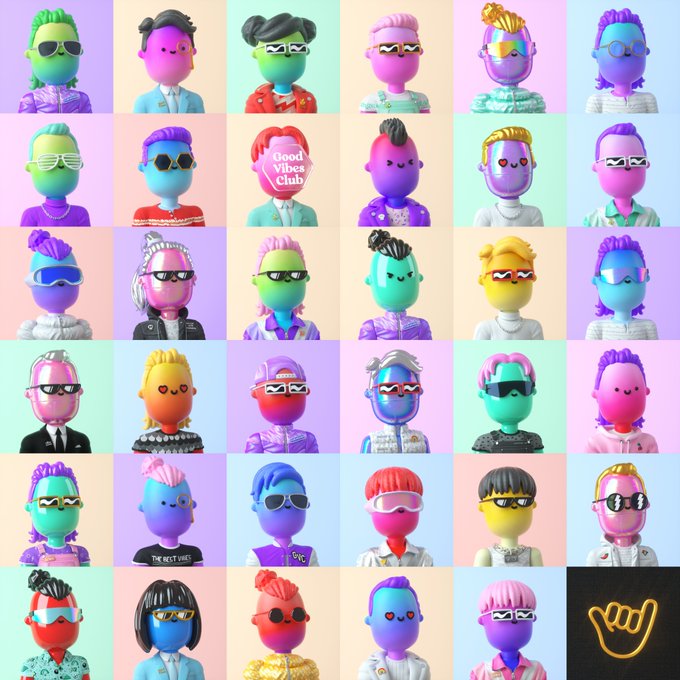 The image features a grid of square panels with various cartoon figures wearing colorful glasses sitting or standing up. The frames are filled with various colors such as pink, purple, blue, green, yellow, and orange. At least one of these characters has sunglasses on their head, while others appear to be posing for the camera in the center of each panel. In addition to the panels containing the cartoon figures, there is also a caption at the bottom that reads "Great deal just went down for two great communities. Incredibly stretched to trade the first Normie 1/1 Legendary Canvas to the homie @serc1n today to acquire 35 additional GVCs". The image seems to be related to a rewards program or an online marketplace where people can exchange items, like cartoon figures and frames, with others interested in collecting them.