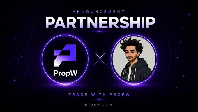 A digital announcement graphic for a partnership between PropW, featuring its logo, and an illustrated portrait of a person, with the text 'ANNONCEMENT PARTNERSHIP' and 'TRADE WITH PROPW'.