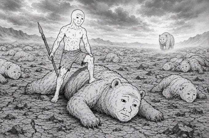 A bald, scarred wojak stands triumphantly atop a fallen bear with a spear in hand, surrounded by a wasteland littered with countless other slain bears, with a single surviving bear watching from the distance—a visual metaphor for the $WOJAK post's declaration of survival and dominance after a battle against the bears (bearish market).