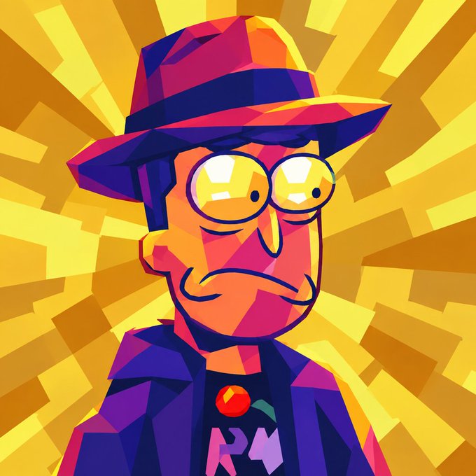 A pop-art style portrait of a man in a fedora and round sunglasses, rendered in bold purple, red, and yellow geometric shapes against a radiating yellow background, wearing a shirt featuring the letters "RA" and a red circular logo. The vibrant, expressive illustration complements the post's enthusiastic tone about embracing new NFT projects and community involvement, capturing the energetic, optimistic spirit of the speaker's message about crypto and digital collectibles.