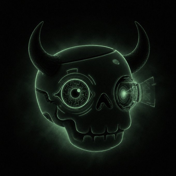 A glowing green neon skull with horns features mechanical, camera-like eyes, set against a solid black background.