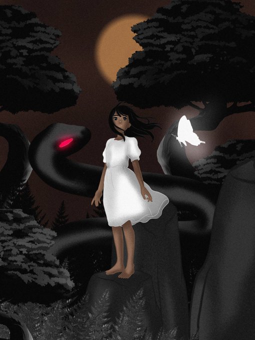 A young woman in a white dress stands on a rocky outcrop surrounded by a giant black snake with glowing red eyes, silhouetted trees, and a pale moon, with a glowing white butterfly beside her. The dark, foreboding forest scene visually reflects the caption's melancholic phrase "my forest is no longer green," evoking a sense of ominous transformation and vulnerability in nature.