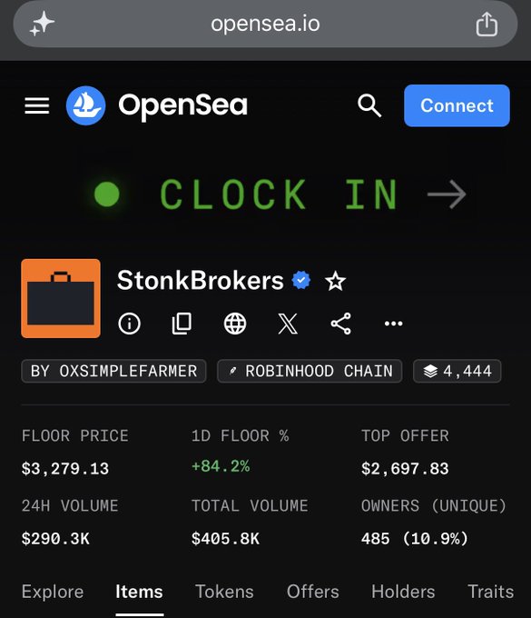 OpenSea.io listing for the 'StonkBrokers' NFT collection by 0xsimplefarmer on Robinhood Chain, showing a floor price of $3,279.13, up 84.2%, with 485 unique owners.