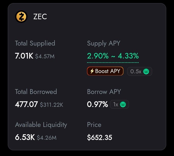 A black screen displays a table with columns for "ZEC", "TOTAL SUPPLIED", and "TOTAL SUPPLY APY" against a green background, with the text "BOOTLOADED APY" and "0.9%".