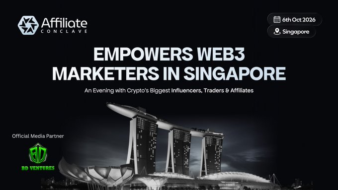 The image is a promotional graphic for "Affiliate Conclave Singapore 2026," featuring the event logo, the headline "EMPOWERS WEB3 MARKETERS IN SINGAPORE," and a stylized nighttime view of Singapore's Marina Bay Sands. It also displays the event date (6th Oct 2026), location (Singapore), and notes BD Ventures as the Official Media Partner, visually reinforcing the post's announcement of their partnership.