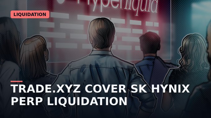 A news graphic with the text 'TRADE.XYZ COVER SK HYNIX PERP LIQUIDATION' showing illustrated figures facing a liquidation display.
