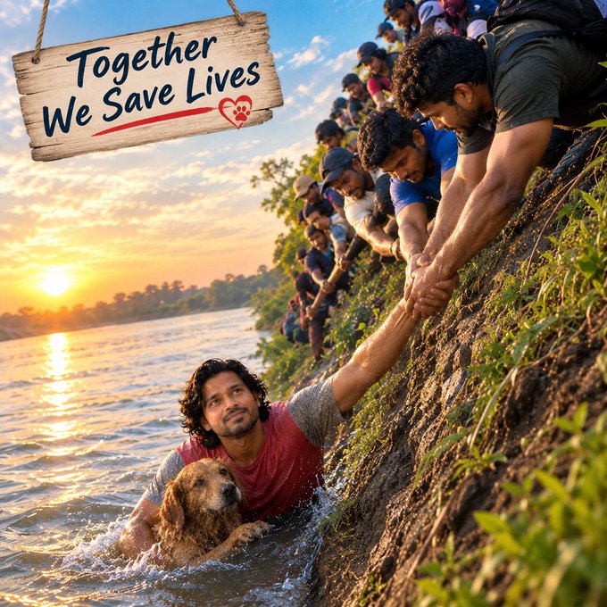 A wooden sign hanging in the upper left reads "Together We Save Lives" with a red heart and paw print, perfectly complementing the scene below where a chain of people on a riverbank pull a man and his golden dog to safety from the water, embodying the post's message that many hands working together make dreams—like rescue and survival—possible.