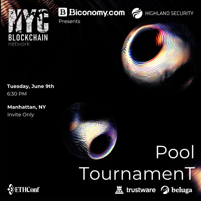 The image features a poster for an event called "The @ethconf pool tournament" that takes place at the NYC convention center from June 9th through June 10th, 2019. The poster includes details about the event such as the name of the company hosting the event and the prizes available to the winners. There are two balls on the poster with a black background, one in the center and another towards the right side. The text "NYC" is also visible on the poster.