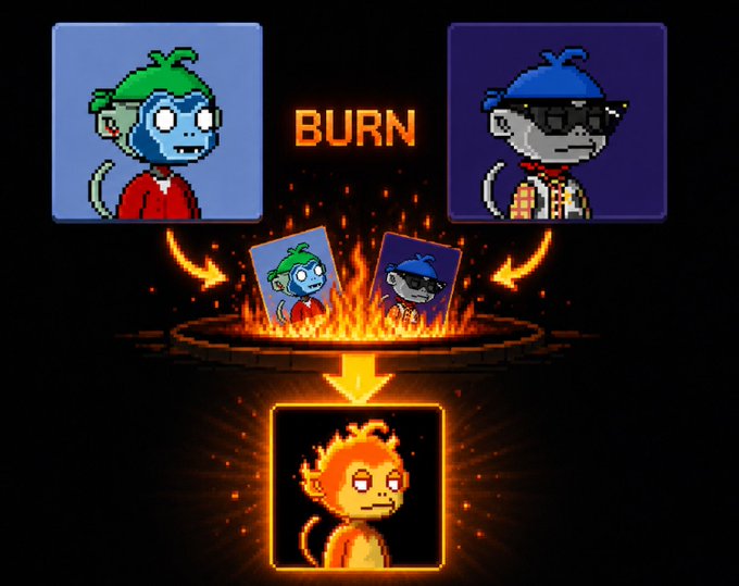 A pixel-art graphic showing two monkey characters being combined via 'BURN' in a fire pit to create a new golden monkey NFT character below.