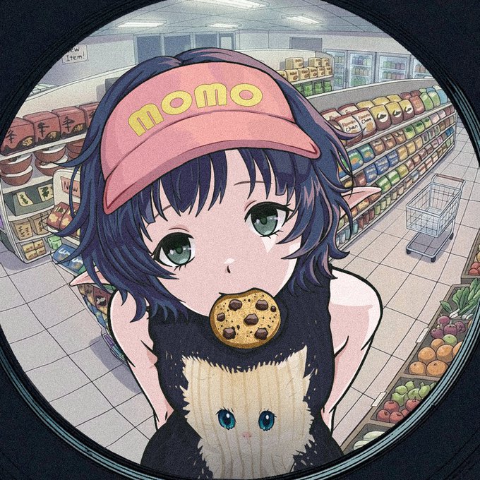 An anime illustration of a girl with dark hair and a pink 'momo' visor holding a cookie in her mouth, with a white cat peeking out from her shirt, set in a convenience store.