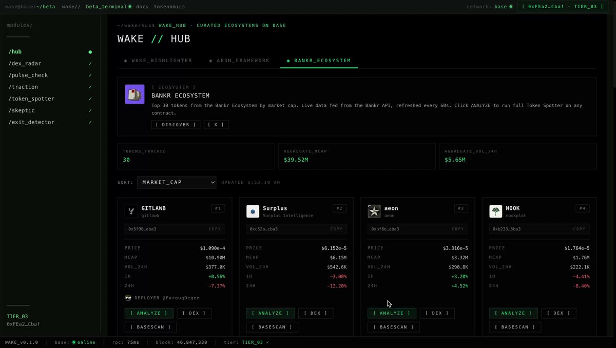 The image features a page on a website called MarketWatch that showcases the wake web browser's dashboard. In this dashboard, users can view information about several markets such as Bitcoin, Ether, Ripple, Litecoin, and more. Additionally, there is an analysis tool available for users to analyze the financial data of these markets using Bankr, a cryptocurrency exchange platform. The text on the website indicates that the Bankr team has recently launched their ecosystem hub dashboard in collaboration with them.