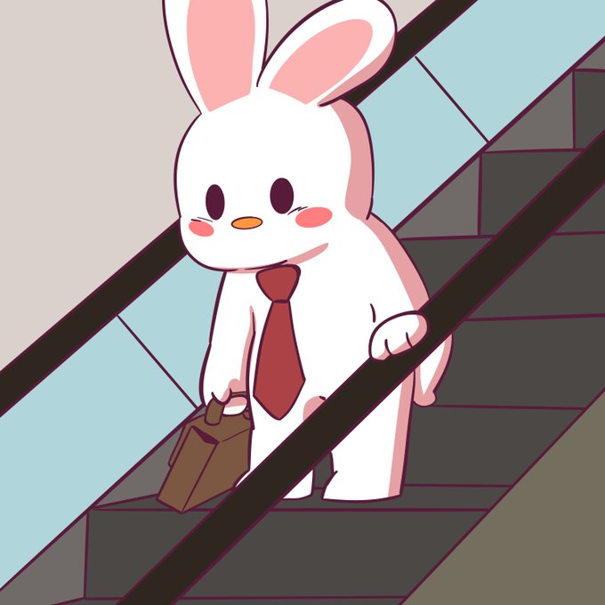A cute white cartoon bunny in a red tie carries a brown briefcase while riding down an escalator, fitting the "working on something big" vibe of the $BUNI post with its office-ready, business-cute aesthetic.