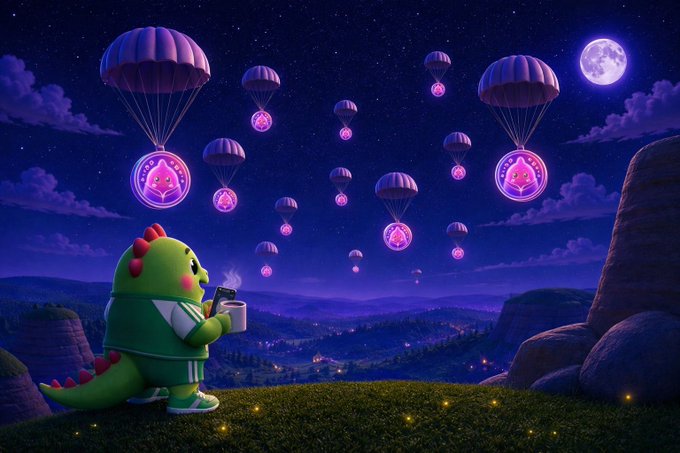 Digital illustration of a cute green dinosaur character holding a steaming cup, watching purple parachutes carrying glowing orbs descend over a night landscape under a full moon.