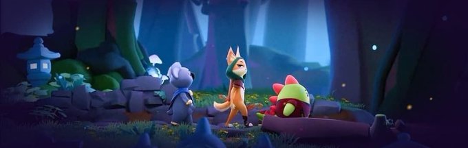 An animated scene depicting a fox-like character and a mouse character standing in a dark, mystical forest setting with glowing mushrooms, lanterns, and colorful plants.