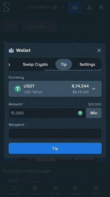 A mobile app wallet interface showing a 'Tip' tab with USDT (USD Tether) currency selected, an amount of 15,000 entered, and a 'Tip' button, with an 8,74,544326 balance visible at the top.