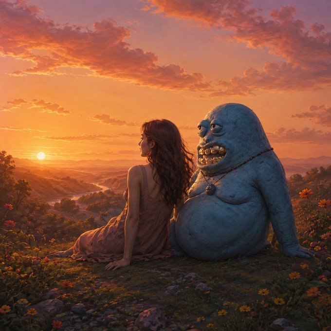 A surreal digital painting showing a young woman in a dress sitting on a grassy hill at sunset next to a large blue grotesque monster with a wide grin, surrounded by flowers.