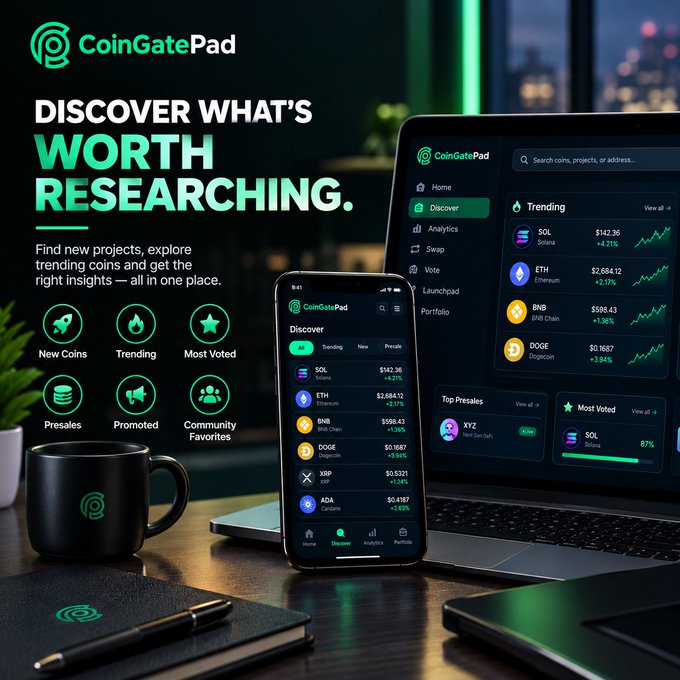 A promotional graphic for "CoinGatePad" with text "DISCOVER WHAT'S WORTH RESEARCHING" and "Find new projects, explore trending coins and get the right insights — all in one place," showing crypto data on a laptop and phone.