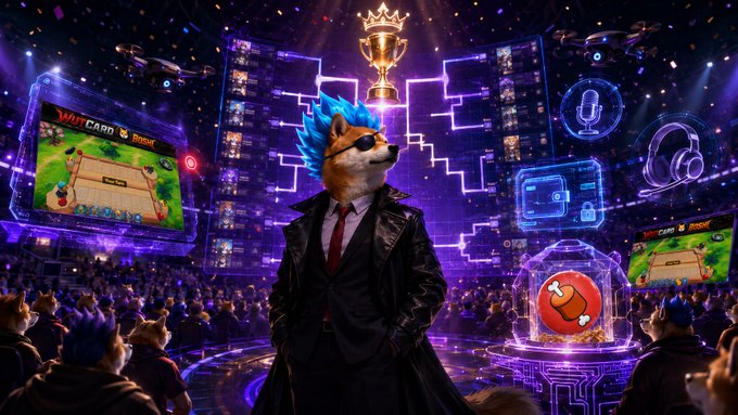 An anthropomorphic fox in a black suit and tie stands at a vibrant esports tournament stage with a glowing trophy above, surrounded by screens displaying 'WAIT CARD' gameplay, headphones, a microphone, and a packed arena audience.