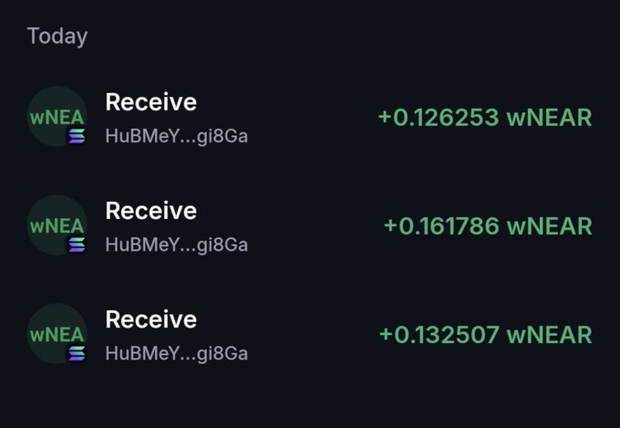 A cryptocurrency wallet transaction history showing three 'Receive' transactions of wNEAR tokens from 'HuBMeY...gi8Ga' in amounts of +0.126253, +0.161786, and +0.132507 wNEAR dated Today.