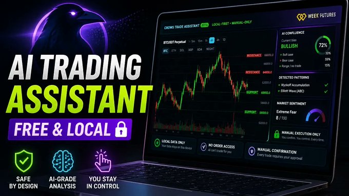 The image displays a laptop computer with an overlay of the trading assistant application, showcasing its features such as real-time analysis and trading options. The advertisement also indicates that the AI Trading Assistant can be accessed both locally and online for free.