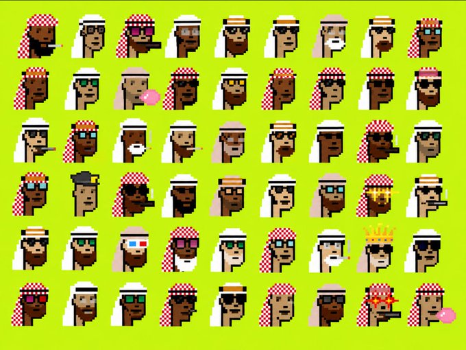A grid of pixel art characters depicting various styles of Arab and Middle Eastern men wearing keffiyehs, sunglasses, and smoking pipes against a bright yellow-green background, representing the "214x The Saudis" NFT collection mentioned in the post's NFT portfolio breakdown.