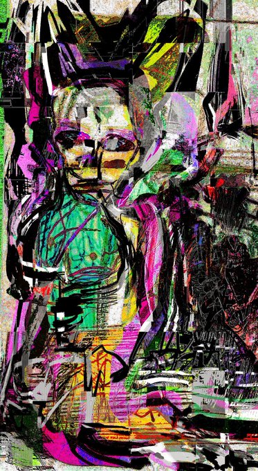 A vibrant, abstract, graffiti-style digital painting or mixed-media artwork featuring a figure with multiple faces and chaotic lines in bright shades of pink, green, yellow, black, and white.