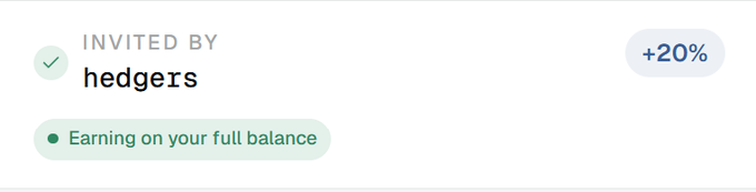 A referral invite screen showing "INVITED BY hedgers" with a "+20%" bonus indicator and an "Earning on your full balance" status badge, corresponding to Axis's predeposit campaign offering referral bonuses as the $50M cap was raised to $100M.