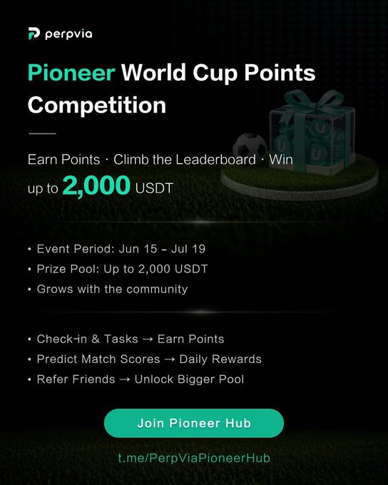 A promotional graphic for the PerpVia Pioneer World Cup Points Competition, advertising a prize pool of up to 2,000 USDT during the event period of June 15 – July 19, with ways to earn points through check-ins, predicting match scores, and referring friends, directing users to join the Pioneer Hub via t.me/PerpViaPioneerHub.
