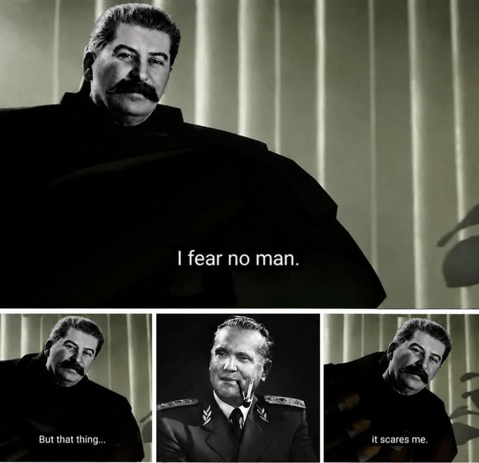 A Stalin meme with the caption 'I fear no man. But that thing... it scares me,' showing Stalin alongside a portrait of Soviet politician Alexander Shcherbakov.