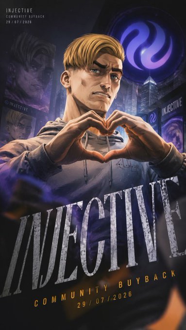 A promotional poster for 'INJECTIVE COMMUNITY BUYBACK' dated 29/07/2026, featuring an illustrated man forming a heart shape with his hands.