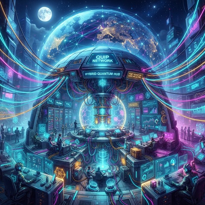 Cyberpunk-style digital artwork of a futuristic 'QUIP NETWORK Hybrid Quantum Hub' facility with glowing neon wires, servers, and a quantum core under a night sky.