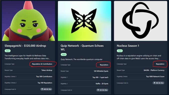 The image shows three different posts with logos related to a web service called Quip Network, which offers campaigns for Nucleus users. The first post displays a green character with two wings against a blue background, accompanied by the word "Quip". The second post features an orange character with a black bird on it. The third post is a black square with the same winged character and the words "quip network" written below it. These posts are related to marketing campaigns for Quip Network's campaigns on Nucleus platforms, but they differ in their design elements and colors used.
