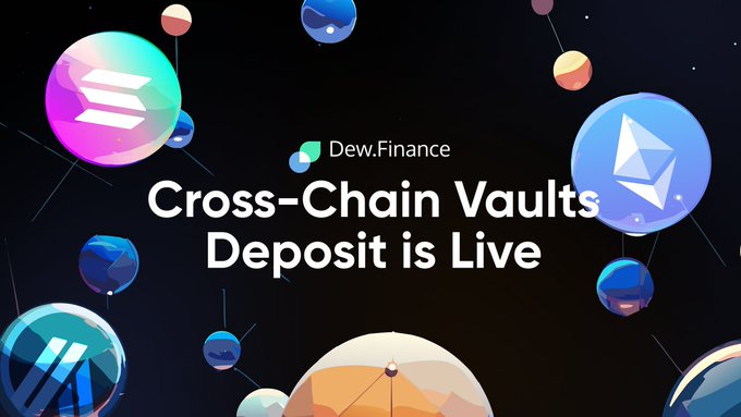 A promotional graphic featuring colorful 3D spheres with cryptocurrency logos floating against a dark starry background, announcing "Dew.Finance - Cross-Chain Vaults Deposit is Live" in bold white text. The image visually reinforces the post's message about seamless cross-chain deposits by displaying various blockchain network logos as interconnected spheres, symbolizing unified access across multiple networks.
