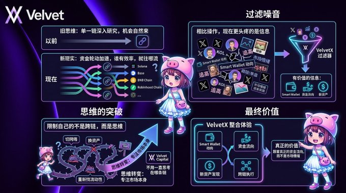 A Chinese-language promotional infographic for VelvvetX featuring a pink-haired anime mascot character, explaining value filtering (过滤噪音), thinking breakthroughs (思维的突破), and overall value (最终价值).