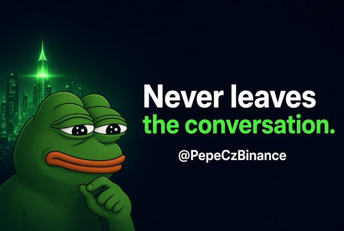 A Pepe-style green frog poses beside a night skyline while large text reads, “Never leaves the conversation.” with “@PepeCzBinance” below.