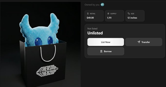 In the image, there's an advertisement featuring a blue stuffed animal in a black bag. The stuffed toy is shown with its head sticking out from under the top edge of the bag, giving it a playful appearance. This image seems to be promoting the purchase or sale of plush toys online, possibly suggesting that the viewer has already made a buying decision and shared their experience on social media using the provided hashtag #OthersideMeta @Othersidemeta. The post also mentions that the toy is from a company called @OthersideMeta (the stuffed animal) and was purchased at $12.00.