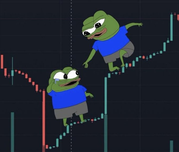 Two Pepe the Frog characters—one crying with distress and another leaping joyfully—are superimposed on a green cryptocurrency candlestick chart showing a strong upward price trend. The image humorously captures the emotional rollercoaster of trading, reflecting the post's optimistic message about winning gains today, tomorrow, and throughout the week as the chart climbs higher.
