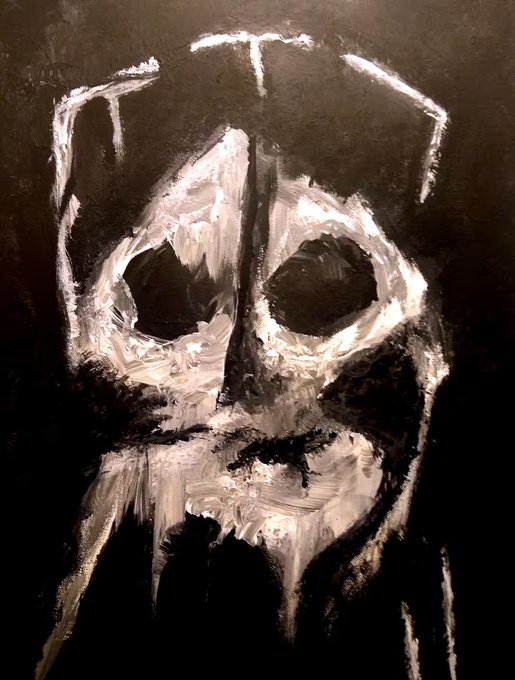 A dark, expressionistic painting in black, white, and gray tones depicts a skull-like face with hollow eyes and the letters 'F T T T' written above it.
