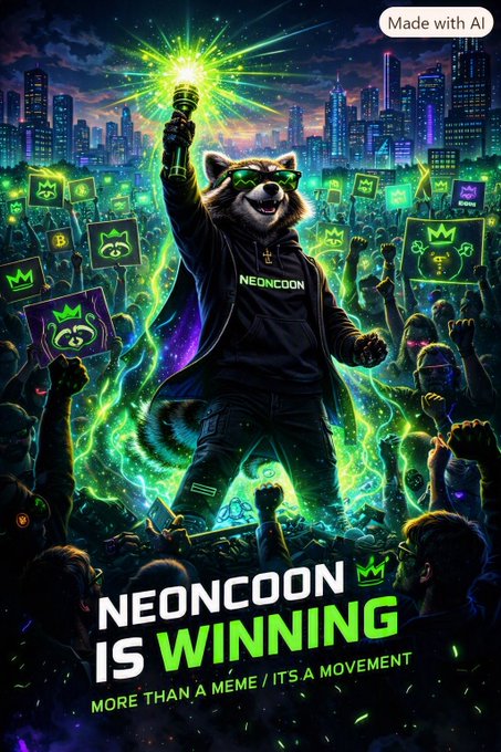 An AI-generated poster featuring an anthropomorphic raccoon wearing sunglasses and a 'NEONCOON' hoodie at a concert, with the text 'NEONCOON IS WINNING' and 'MORE THAN A MEME / ITS A MOVEMENT'.