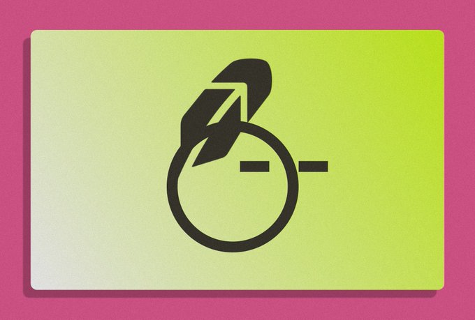 A stylized black logo on a green-to-yellow gradient card against a bright pink background, depicting a circular character with an upward-pointing arrow above a horizontal line.