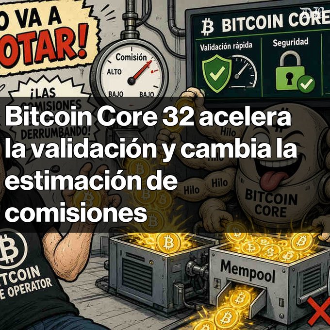 A comic-style illustration depicts Bitcoin Core with the text 'Bitcoin Core 32 acelera la validación y cambia la estimación de comisiones' overlaid on the image, alongside mining equipment and mempool graphics.