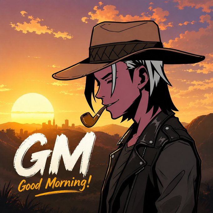 An anime-style cowboy with a wide-brimmed hat and pipe smokes at sunset, with 'GM Good Morning!' text in the foreground.