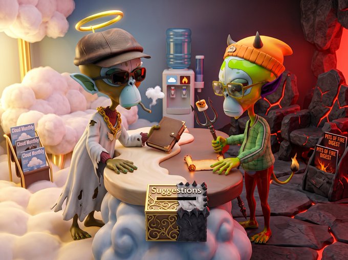 A winged, haloed green monkey in sunglasses and a gold chain reviews a ledger across a cloud table from a devil-horned green demon holding a pitchfork, with magazines labeled "Cloud Monthly" and "Pits of Fire Digest" beside them and a "Suggestions" box between them. The heaven-vs-hell judgment scene visually represents the "good vs. evil" dichotomy of suggestions, fitting the playful MoonApeLab profile pic theme.