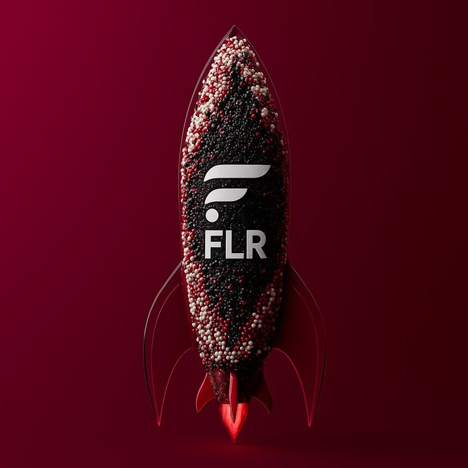 A rocket constructed from black, white, and red bead-like spheres with "FLR" branding takes off against a deep red background, visually echoing the post's bullish question about the cryptocurrency Flare. The rocket imagery serves as a metaphor for upward momentum, matching the post's optimistic inquiry about the token.