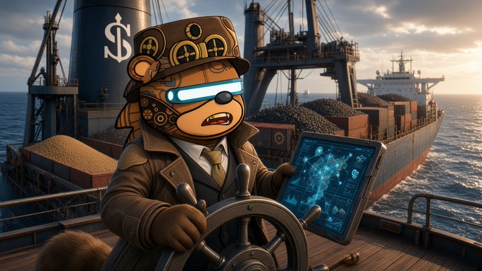 A steampunk-style digital illustration of a bear character wearing a captain's hat, glowing blue goggles, and Victorian attire, holding a holographic data tablet while standing at a ship's wheel with industrial ships and cargo in the background.