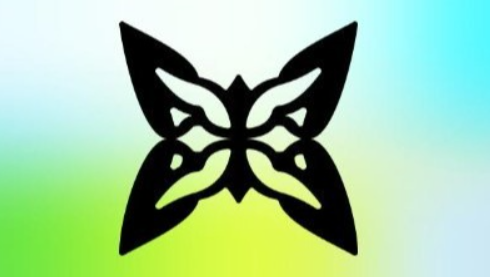 A black butterfly-shaped logo against a gradient background of white, blue, and green.