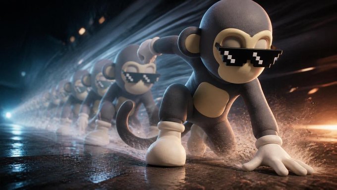 A 3D rendering of toy monkey figures wearing pixelated 'deal with it' sunglasses posed dynamically in a line on a wet, reflective surface.
