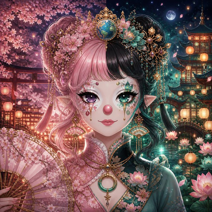 An intricate anime-style fantasy illustration of a split-faced girl with half pink and half black hair, surrounded by cherry blossoms, lotus flowers, and traditional Asian architecture.