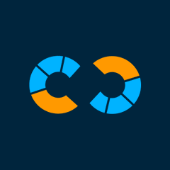 An infinity symbol logo composed of blue and orange segmented circular shapes on a dark teal background.