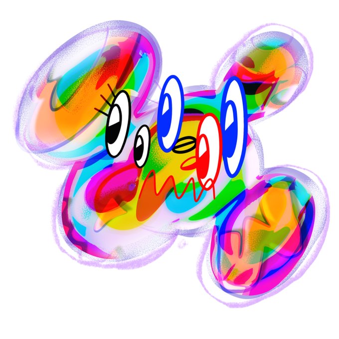 A colorful, abstract digital illustration featuring a cartoon face with large expressive eyes and a wide toothy grin surrounded by multicolored swirling shapes.